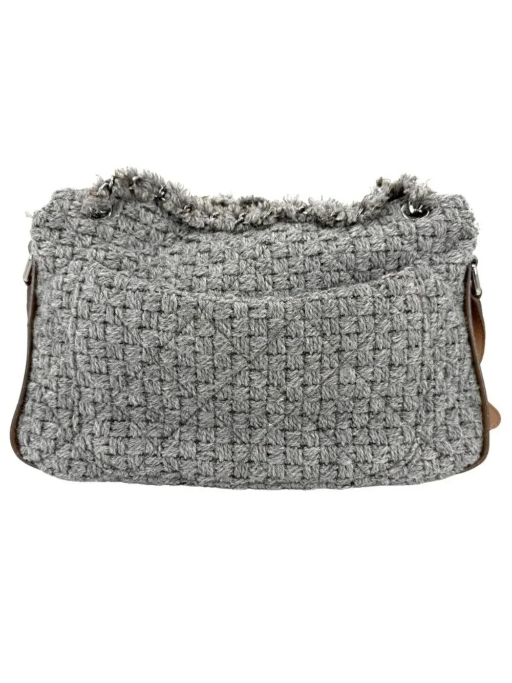 Chanel 2-Way Quilted Shoulder Bag CC Logo Crossbody Wool Leather Gray Silver